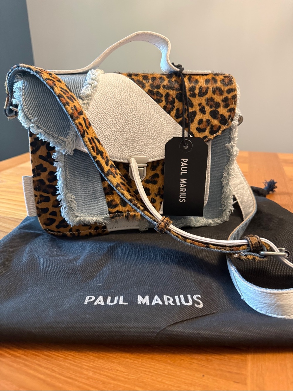 French Paul Marius Denim, Leopard & White Crossbody Satchel Bag